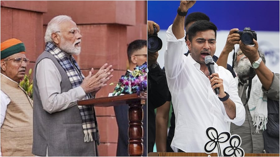 <div class="paragraphs"><p>PM Modi outside Parliament on Monday(L), TMC National General Secretary Abhishek Banerjee</p></div>