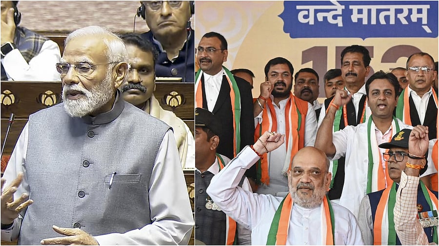 <div class="paragraphs"><p>Prime Minister Narendra Modi(L),&nbsp;Union Home Minister Amit Shah during an event marking 150 years of the national song ‘Vande Mataram</p></div>