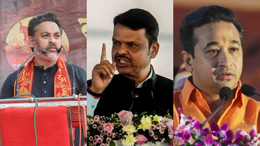 <div class="paragraphs"><p>Shiv Sena leader Nilesh Rane (L),&nbsp;Maharashtra Chief Minister Devendra Fadnavis (M) and&nbsp;BJP Minister Nitesh Rane.</p></div>