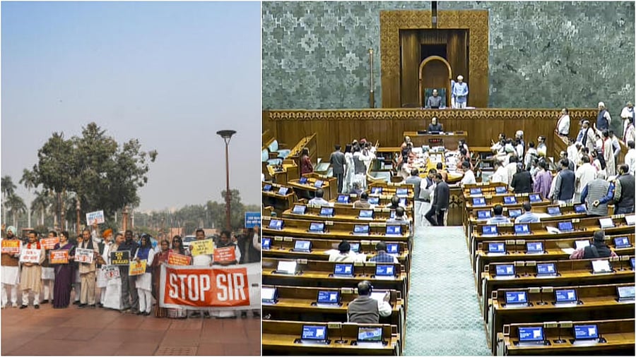 <div class="paragraphs"><p>Opposition leaders protest outside Parliament(L), A view of the Lok Sabha.&nbsp;</p></div>