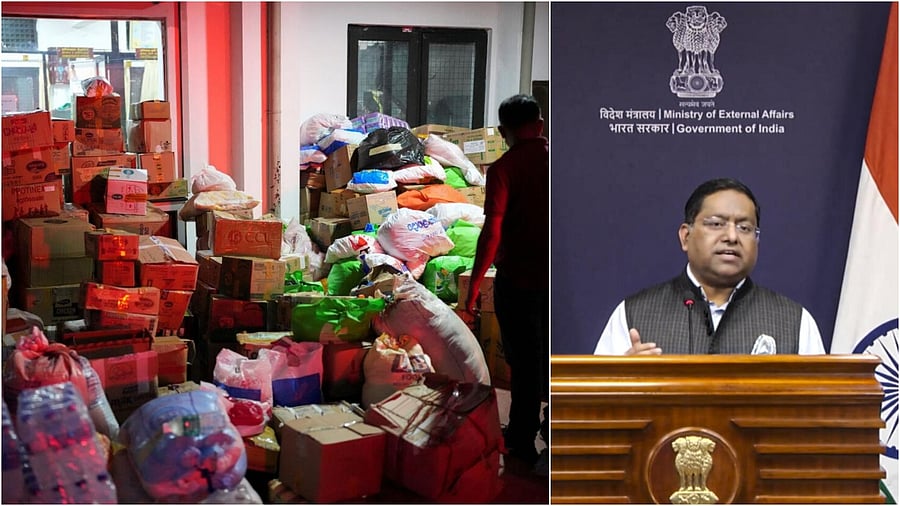 <div class="paragraphs"><p>A room with rations and other supplies that were stored after landslides caused by heavy rainfall following Cyclone Ditwah in Kandy, Sri Lanka.(L), Ministry of External Affairs spokesperson Randhir Jaiswal</p></div>