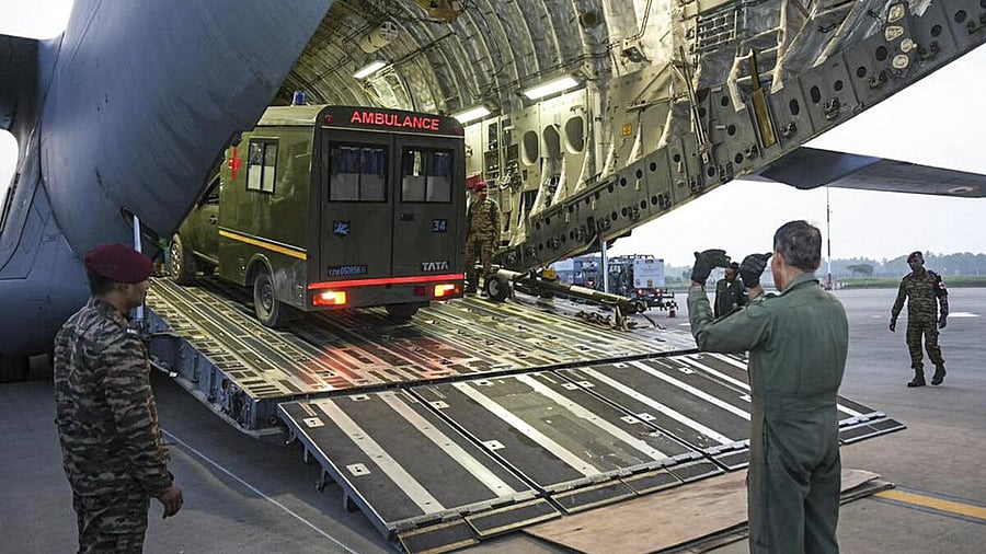 <div class="paragraphs"><p>IAF’s C-17 transport aircraft with a self-contained, modular field hospital, over 70 medical and support personnel, and vehicles, landed in Colombo as part of Operation Sagar Bandhu.</p></div>