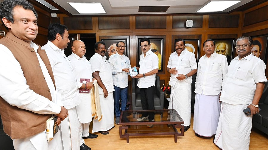 <div class="paragraphs"><p>Tamil Nadu Congress leaders greet M K Stalin.&nbsp;</p></div>