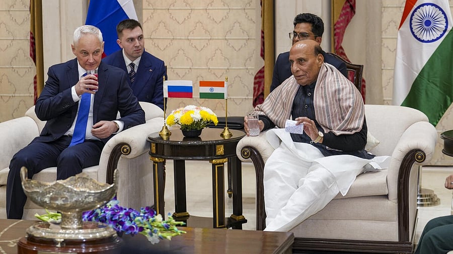 <div class="paragraphs"><p>Defence Minister Rajnath Singh with his Russian counterpart Andrey Belousov during a meeting.</p></div>