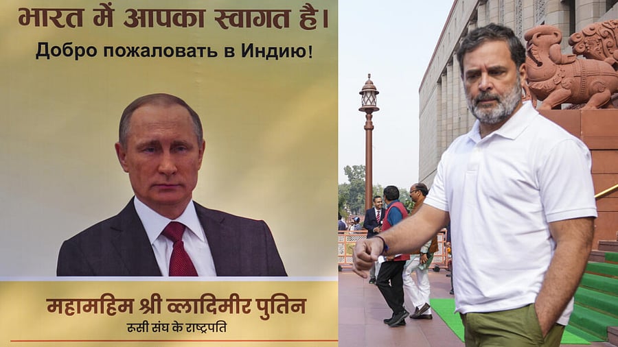 <div class="paragraphs"><p>Banner welcoming Russian President Vladimir Putin to India (L) and Rahul Gandhi (R).</p></div>