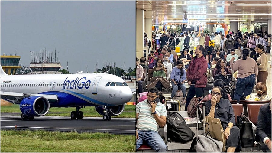 <div class="paragraphs"><p>An Indigo flight (L), Passengers wait at the T2 domestic terminal amid flight delays, in Mumbai</p></div>