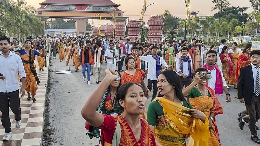 <div class="paragraphs"><p>Students of the Bodoland University take part in a protest against the Assam cabinet's approval of a report on granting ST status to six communities of the state, in Kokrajhar, Assam, Saturday, Nov. 29, 2025. Students on Saturday stormed the assembly hall of the Bodoland Territorial Council (BTC) Secretariat and allegedly vandalised properties during the protest.</p></div>