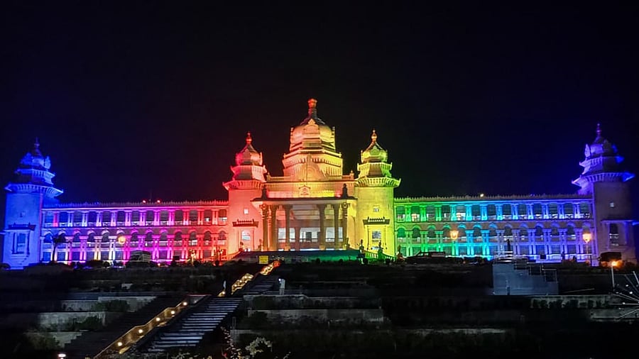 The illuminated Suvarna Vidhana Soudha on the eve of the winter session of the legislature in Belagavi on Sunday.