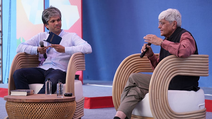 Mahatma's grandson Gopalkrishna Gandhi (R) with novelist Keshava Guha at Bangalore Literature Festival on Sunday.