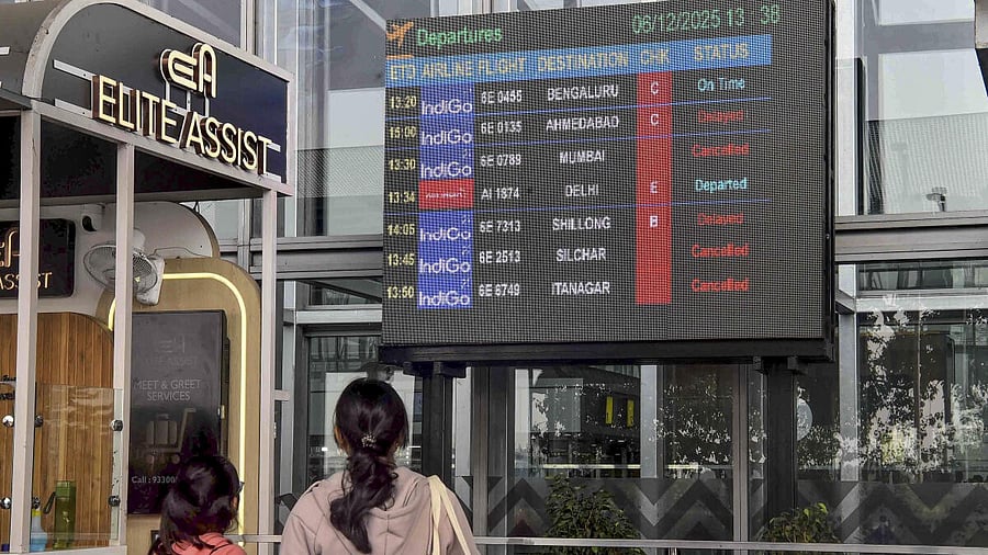 <div class="paragraphs"><p>Passengers check updates on the display board amid IndiGo flight disruptions, at Netaji Subhash Chandra Bose International Airport in Kolkata, Saturday, Dec. 6, 2025. </p></div>