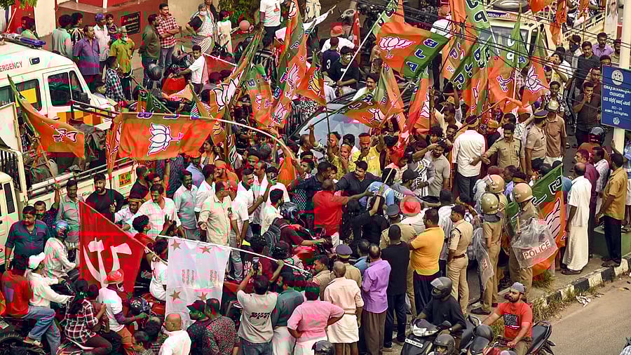 <div class="paragraphs"><p>BJP workers during the final day of the election campaign for the Kerala local body polls, in Thiruvananthapuram, Sunday, Dec. 7, 2025.</p></div>