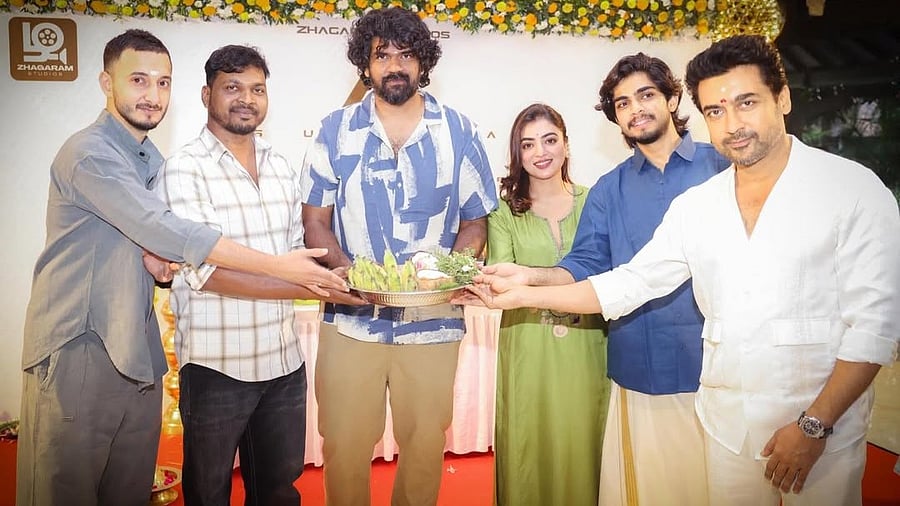 <div class="paragraphs"><p>An image from the '<em>Suriya 47'</em> mahurat pooja.</p></div>