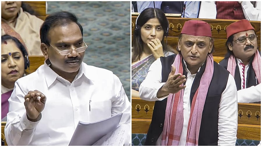 <div class="paragraphs"><p>DMK MP A Raja speaks in the Lok Sabha(L), Akhilesh yadav</p></div>