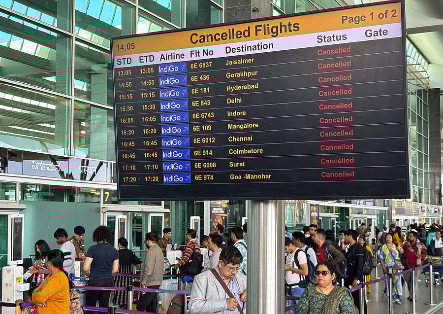 <div class="paragraphs"><p>A file photo of a list of IndiGo Flights cancelled at the Kempegowda International Airport in Bengaluru. </p></div>