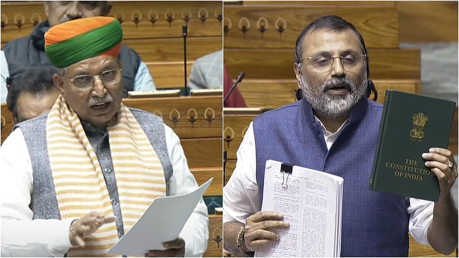 <div class="paragraphs"><p>BJP's Arjun Ram Meghwal and Nishikant Dubey in Lok Sabha</p></div>