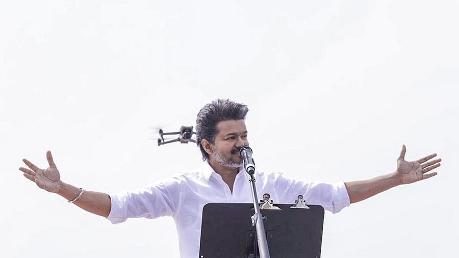 <div class="paragraphs"><p>Tamilaga Vettri Kazhagam (TVK) chief Vijay addresses a public meeting, in Puducherry.</p></div>