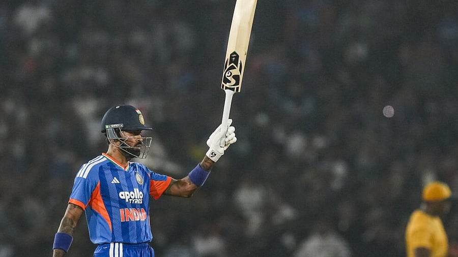 <div class="paragraphs"><p>India's Hardik Pandya celebrates his half-century during the first T20I cricket match between India and South Africa at Barabati Stadium, in Cuttack, Tuesday, Dec. 9, 2025.</p></div>