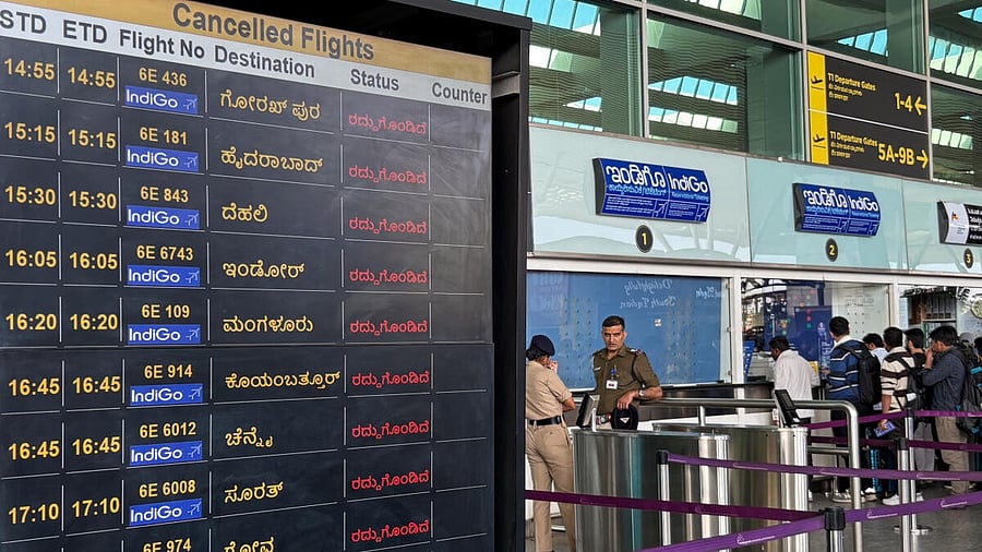 <div class="paragraphs"><p>File image of a list of IndiGo Flights cancelled at Bengaluru's Kempegowda International Airport. </p></div>
