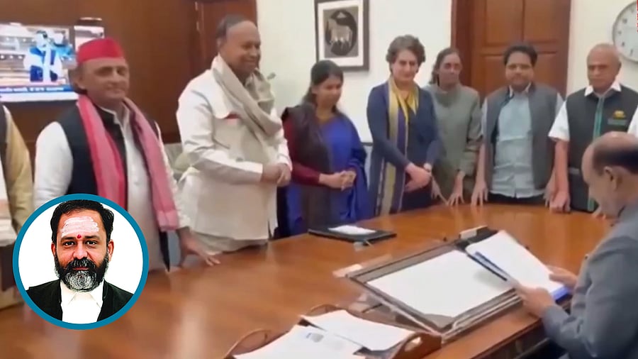 <div class="paragraphs"><p>I.N.D.I.A. Bloc leaders submitting impeachment petition against Madras HC judge Justice G R Swaminathan <em>(Inset)</em> to Lok Sabha Speaker Om Birla.</p></div>