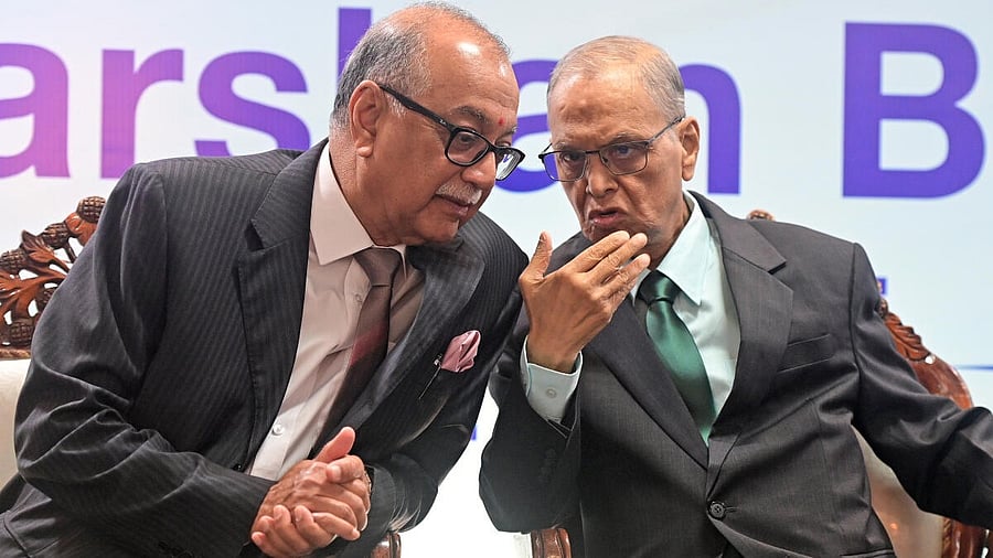 <div class="paragraphs"><p>Infosys co-founder N R Narayana Murthy (R) having a word with nephrologist and MHEPL chairman H Sudarshan Ballal at the second Dr Sudarshan Ballal oration in Mangaluru on Tuesday. </p><p><br></p></div>