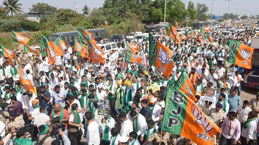 <div class="paragraphs"><p>Farmers’ rally organised by the BJP to protest against the Congress government for its anti-farmer policies here. Credit: DH photo</p></div>