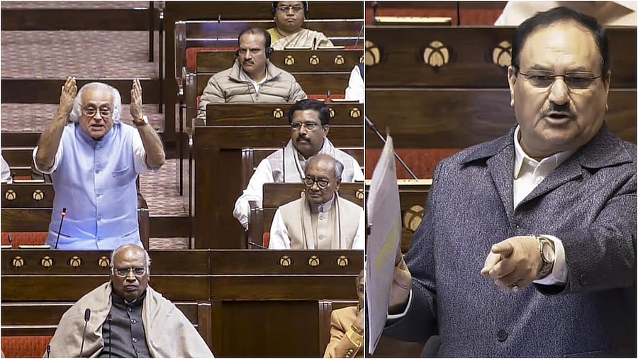 <div class="paragraphs"><p>Congress leaders in Rajya Sabha(L), BJP's J P Nadda</p></div>