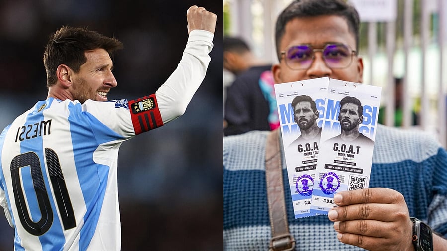 <div class="paragraphs"><p>Lionel Messi and an image showing a fan with the GOAT tour tickets.</p></div>