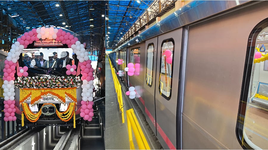 <div class="paragraphs"><p>The prototype train for Namma Metro's Pink Line rolled out by BEML at its Rail Complex at New Thippasandra in Bengaluru on Thursday. </p></div>