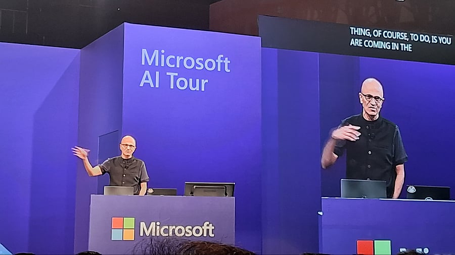 <div class="paragraphs"><p>Microsoft CEO and Chairman Satya Nadella at Microsoft AI Tour event in Bengaluru.</p></div>