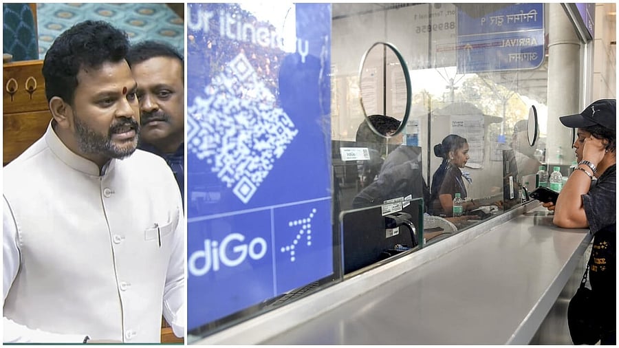 <div class="paragraphs"><p>Civil Aviation minister Ram Mohan Naidu(L), passengers at an IndiGo airlines counter amid flight disruptions, at Mumbai airport.</p></div>