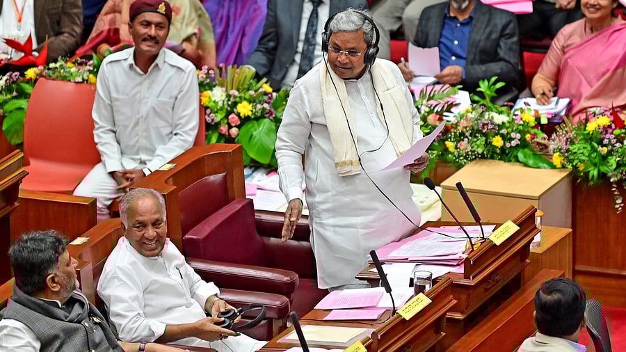 <div class="paragraphs"><p>Chief Minister Siddaramaiah points to his chair during a banter in the Legislative Council in Suvarna Vidhana Soudha at Belagavi on Thursday. DH PHOTO/RANJU P</p></div>