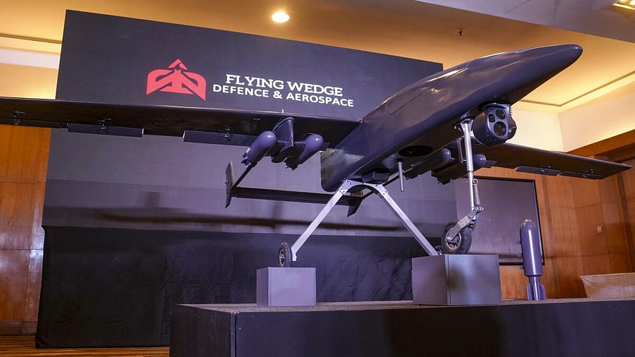 <div class="paragraphs"><p>India's first fully indigenous AI-powered Medium Altitude Long Endurance (MALE) Autonomous Combat Aircraft 'FWD Kaal Bhairava' being displayed during a press conference.</p></div>