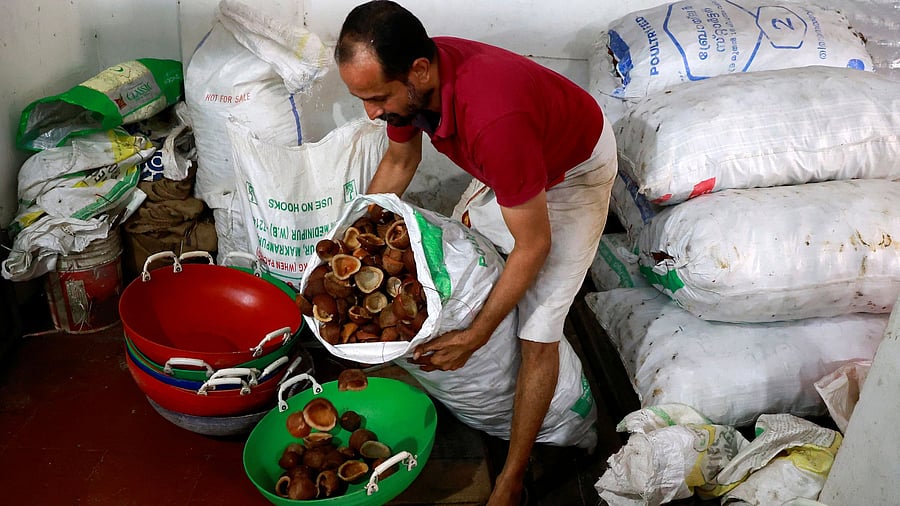 <div class="paragraphs"><p>Representative image of a transfers copra from a sack into a basket before putting them into an expeller machine to extract coconut oil.</p></div>