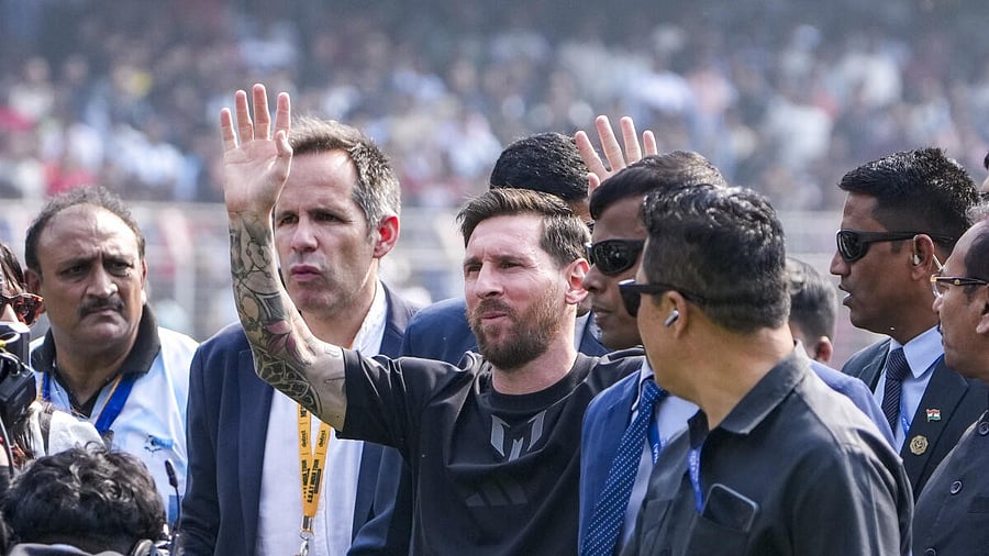 <div class="paragraphs"><p>Argentine footballer Lionel Messi during an event as part of his 'G.O.A.T. India Tour 2025', at Vivekananda Yuba Bharati Krirangan (VYBK), in Kolkata</p></div>