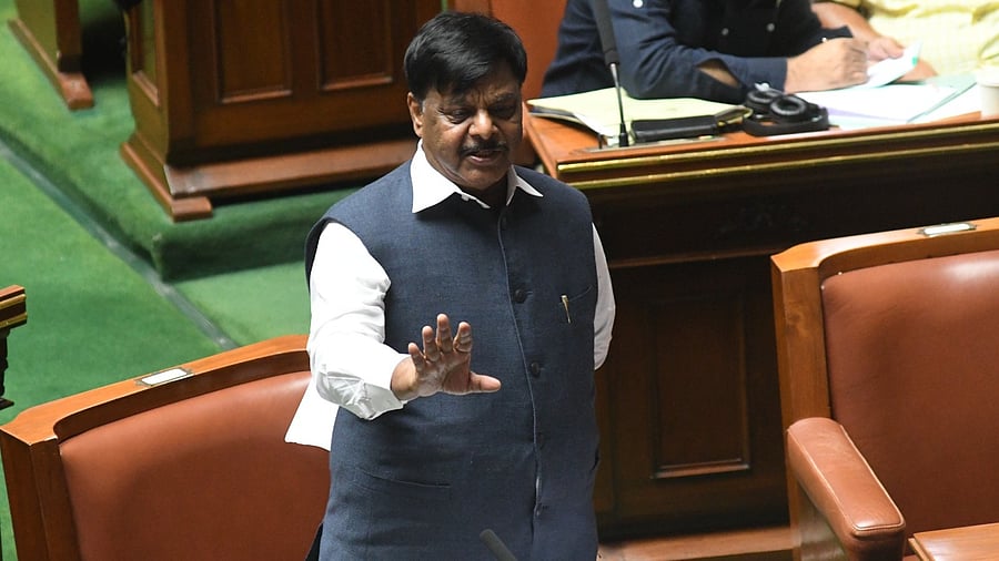 Social Welfare Minister H C Mahadevappa speaks during a debate on SC/ST funds in the Legislative Assembly.