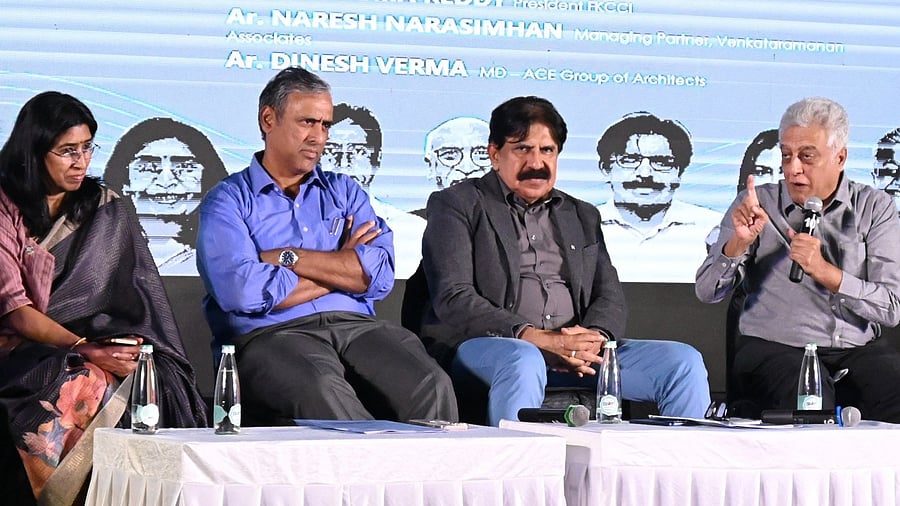 (L-R) FKCCI President Uma Reddy, GBA Chief Commissioner M Maheshwar Rao, Bangalore Business Corridor President LK Atheeq, Venkataramana Associate Managing Partner Naresh Narasimhan, and ACE Group of Architects Managing Director Dinesh Verma at the panel discussion on Friday. DH PHOTO/Kishor Kumar Bolar