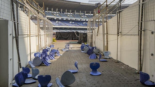 <div class="paragraphs"><p>Broken plastic seats scattered at Salt Lake Stadium premises in the aftermath of chaos during an event featuring Argentine football icon Lionel Messi, in Kolkata</p></div>