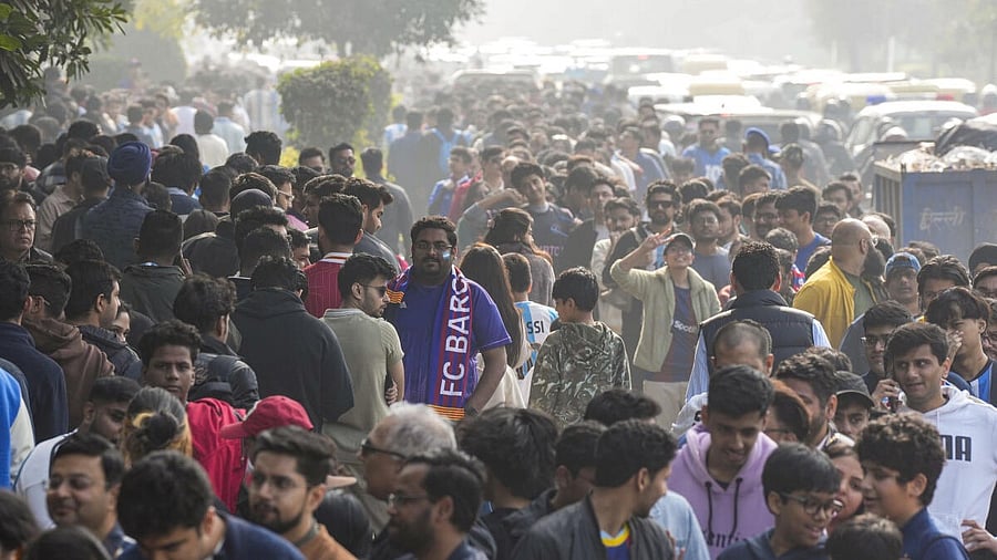 <div class="paragraphs"><p>Fans of Argentinian footballer Lionel Messi gather outside Arun Jaitley Stadium ahead of the 'GOAT India Tour 2025' event, in New Delhi.</p></div>