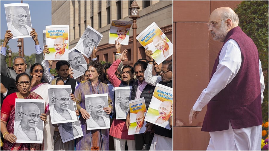 <div class="paragraphs"><p>Opposition leaders protest over VB-G RAM G bill(L), Union Home Minister Amit Shah during the Winter session of Parliament</p></div>