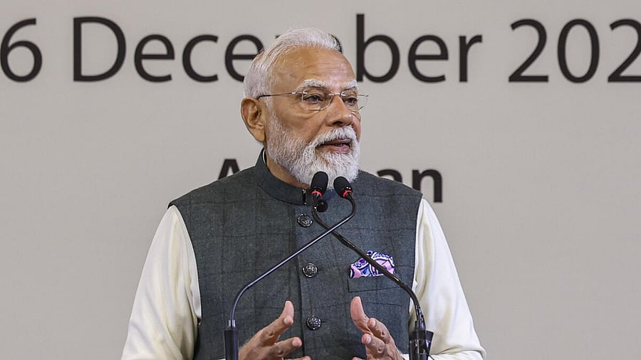 <div class="paragraphs"><p>In this image received on Dec. 16, 2025, Prime Minister Narendra Modi addresses the gathering during the India-Jordan Business Forum, in Jordan.</p></div>