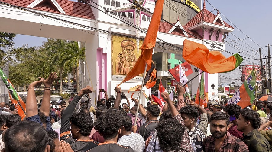 <div class="paragraphs"><p>BJP members celebrate during the counting of votes for the Kerala local body elections, in Thiruvananthapuram.</p></div>