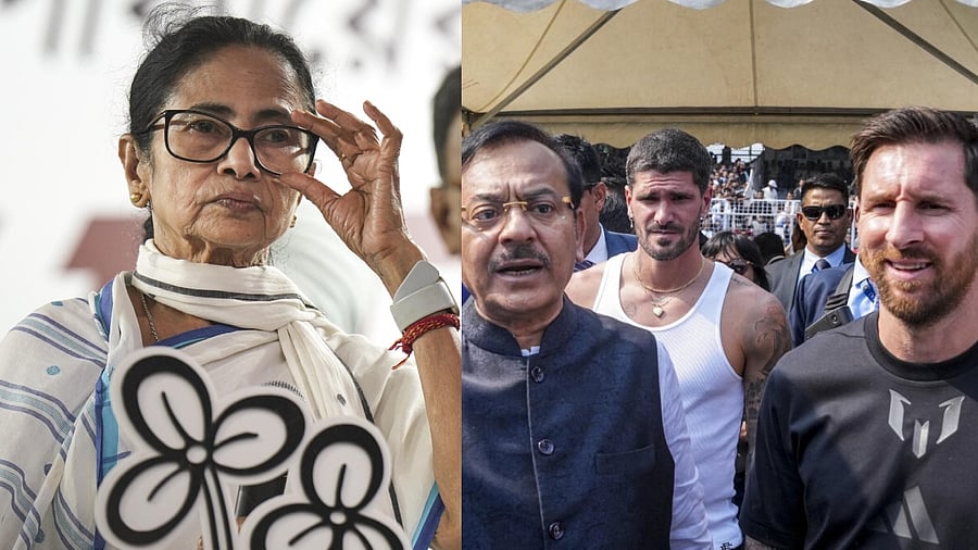 <div class="paragraphs"><p>West Bengal Chief Minister Mamata Banerjee (L) and Argentine footballer Lionel Messi with West Bengal Sports Minister Aroop Biswas in Kolkata.</p></div>