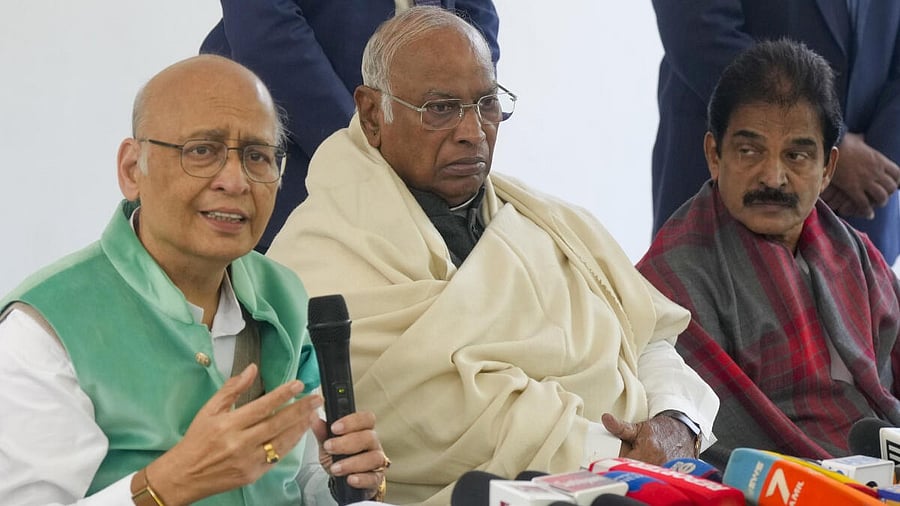 <div class="paragraphs"><p>(From left): Congress leader Abhishek Manu Singhvi, party President Mallikarjun Kharge and senior leader KC Venugopal address a press conference in New Delhi.</p></div>