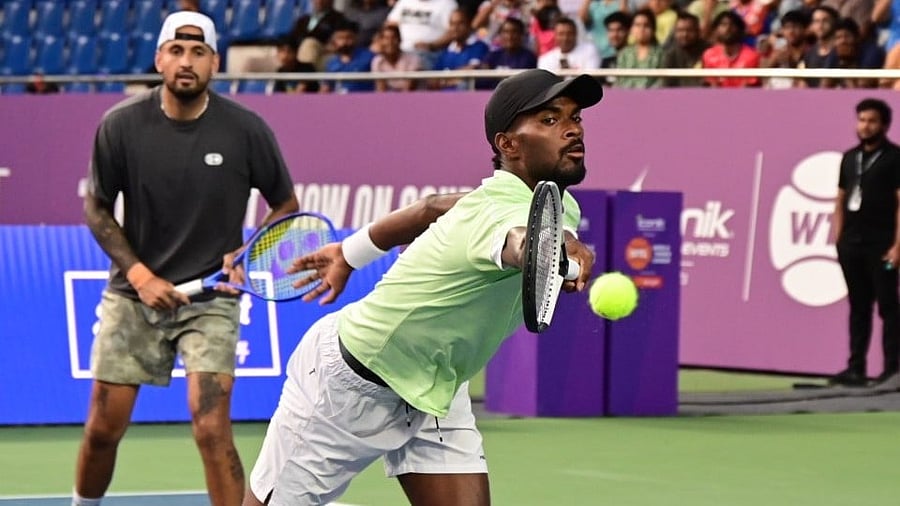 <div class="paragraphs"><p>Kites’ Nick Kyrgios (left) and D Suresh in action during a men’s doubles match of the WTL at SM Krishna Stadium in Bengaluru on Wednesday. </p></div>