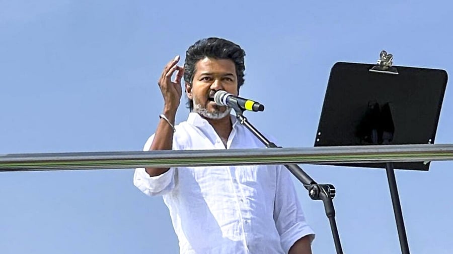 <div class="paragraphs"><p>Vijay addresses a public meeting, in Erode. </p></div>