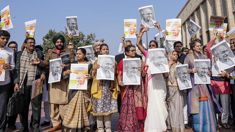 <div class="paragraphs"><p>Congress MP Priyanka Gandhi Vadra and other opposition MPs participate in a protest march against the VB-G RAM G Bill. </p></div>