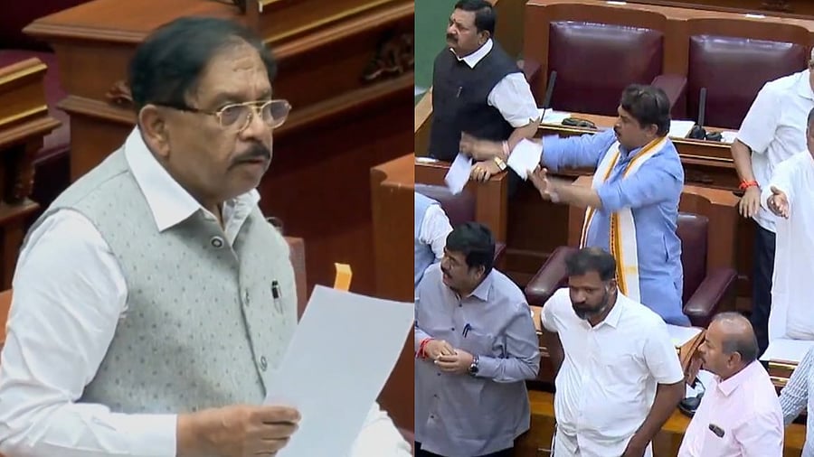 <div class="paragraphs"><p>Home Minister G Parameshwara (L) and image of a copy of the hate speech bill was torn by Leader of the Opposition R Ashoka in the Legislative Assembly.</p></div>