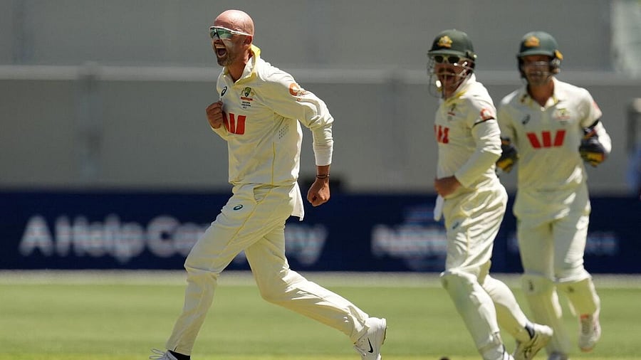 <div class="paragraphs"><p>Nathan Lyon celebrates after dismissing Ben Duckett.</p></div>