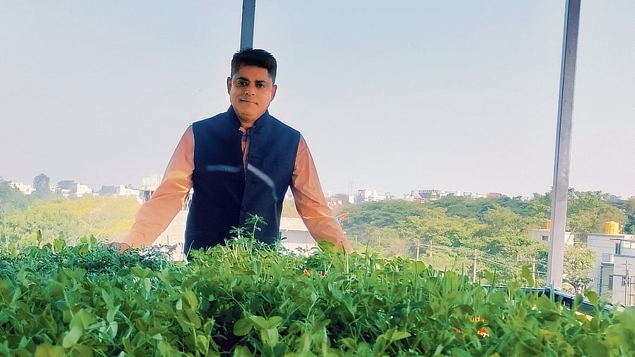 Pritam Kumar Sinha is growing microgreens like spring onion, spinach and amaranth under a setup of eight solar panels.