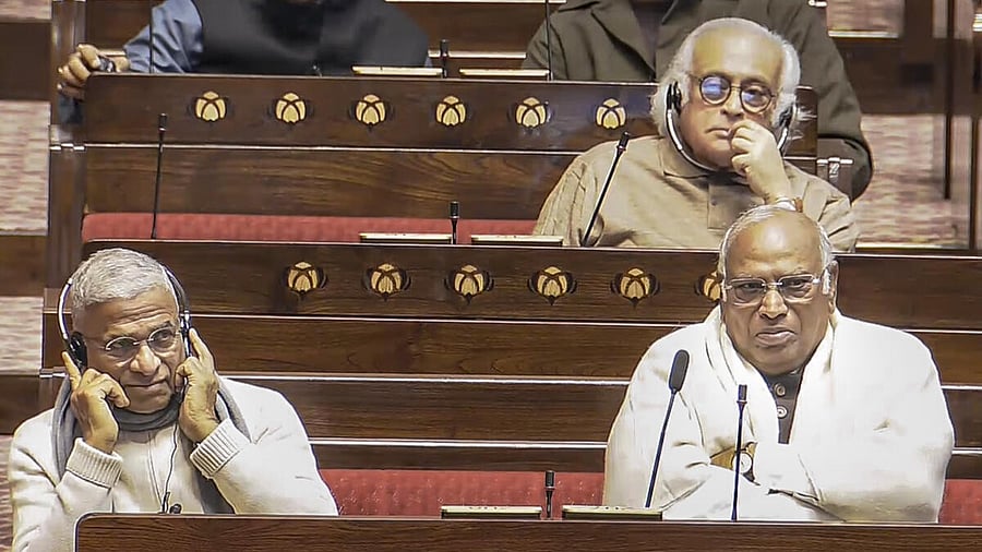 <div class="paragraphs"><p>Congress chief Mallikarjun Kharge (front right) and General Secretary Jairam Ramesh attending the Winter Session/</p></div>